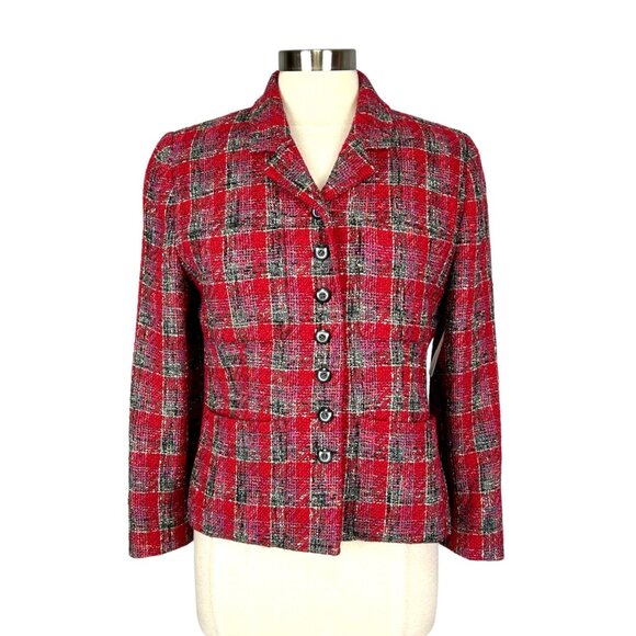 Carlisle Womens Red Plaid Tweed Blazer Jacket Wool Blend Button Front size 8 - Picture 1 of 13